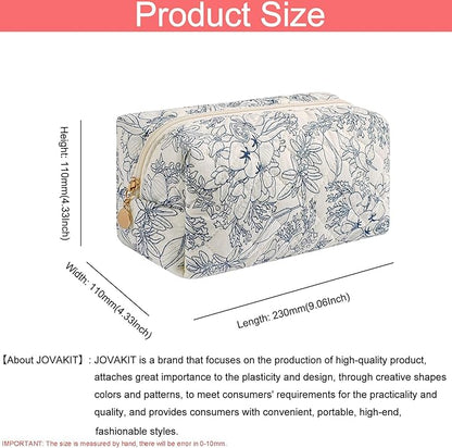 JOVAKIT Square Makeup Bag Cute Cosmetic Bag for Women, Floral Coquette Aesthetic Toiletry Bag, Zipper Make Up Pouch, Travel Make Up Organizer Bag (Navy Blue Flower)