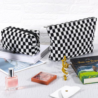 ZLFSRQ 2Pcs Checkered Makeup Bag for Women Large Small Checkered Cosmetic Bag Set Aesthetic Preppy Pencil Case Cute Pencil Pouch Black Makeup Pouch for Purse Travel Toiletry Bags Zipper Skincare Bags