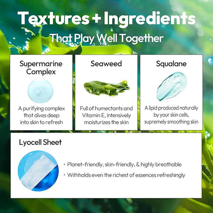 LAPCOS Seaweed Sheet Mask, Daily Face Mask with Hyaluronic Acid to Smooth and Purify Skin, Korean Beauty Favorite, 5-Pack