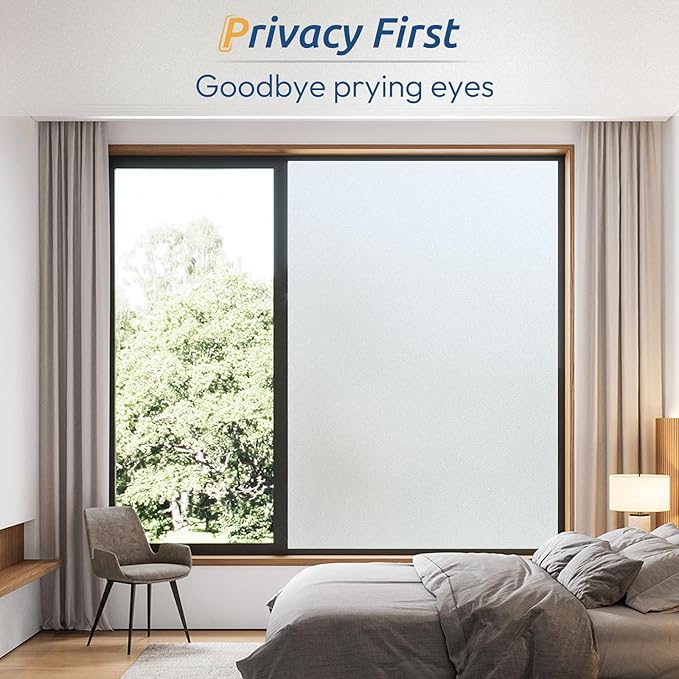 rabbitgoo Window Privacy Film, Frosted Glass Window Clings, Static Cling UV Heat Blocking Door Stickers for Home Bathroom, Removable Indoor Decal Coverings Day and Night, Pure, 35.4 x 196.8 Inches