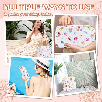 Waterproof Small Floral Makeup Bag Pouch for Purse,Nylon Flower Cosmetic Bag Preppy Travel Toiletry Storage Bag for Women Girl,Cute Makeup Organizer Bag Pouch with Zipper(Small Colorful-Flowers)