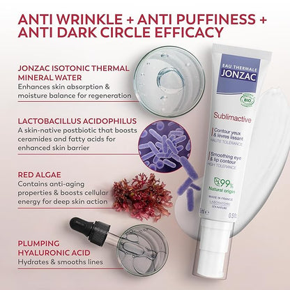 Eau Thermale Jonzac Sublimactive Organic Anti-Aging Eye & Lip Contour Cream - Reduces Fine Lines and Puffy Eyes - Dark Circles Reduced - Natural Skin Care - 0.5 fl oz