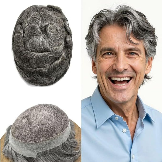 FACE MIRACLE Hair System for Men French Lace Mens Toupee Human Hair Replacement System Lace with PU Toupee for Men Male Hair Piece Wigs 6"X8" #1B60 Off Black with 60% Gray