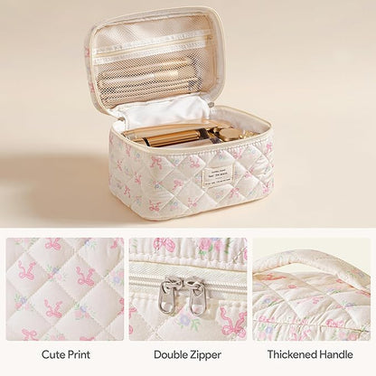 HBselect Quilted Makeup Bag, 3PCS Cotton Large Travel Makeup Bag, Cute Floral Coquette Make up Bag Cosmetic Bag Toiletry Bag for Women Girls