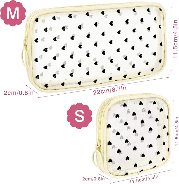4 Pieces Mini Zipper Nylon Mesh Pouch, Mesh Cosmetic Bags Makeup Bags, Multipurpose Travel Toiletry Bags for Office Supplies and Travel Accessories (Heart Print-Black, S)