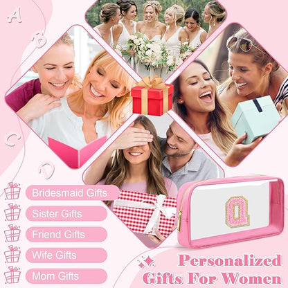 Personalized Initial Letter Clear Makeup Bag,Preppy Small Nylon&PVC Cosmetic Zipper Bag with Chenille Letter,Portable Beach Travel Skincare Toiletry Bag,Trendy Monogram Gift for Teen Girls Women,Q