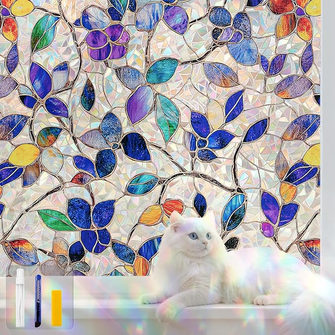 Stained Glass Window Privacy FilmDecorative Rainbow Static Clings -ldeal for Home &Office,Adhesive-Free,Removable, Uv-Blocking (Purple Rainbow, 45.2 X 78.7 in)
