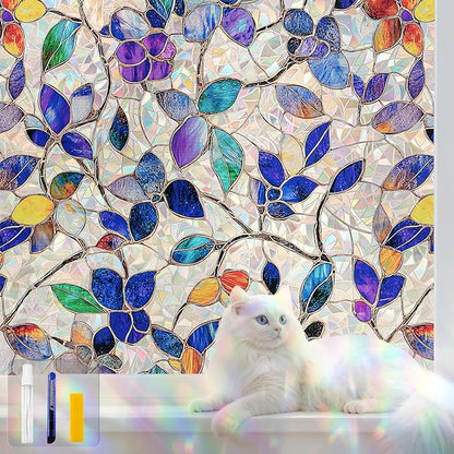 Stained Glass Window Privacy FilmDecorative Rainbow Static Clings -ldeal for Home &Office,Adhesive-Free,Removable, Uv-Blocking (Purple Rainbow, 45.2 X 78.7 in)
