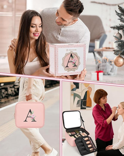Relavel Initial Makeup Bag with LED Mirror for Women Girls, Personalized Travel Cosmetic Organizer Train Case, Birthday Gifts for Grandkids Bridesmaid Graduation Teacher Friends, Trendy Stuff, Pink P