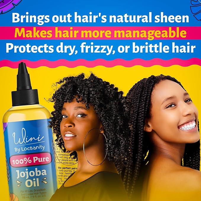 Locsanity Wini Pure 100% Jojoba Oil Organic Cold Pressed Unrefined Non-GMO - 4 fl oz: Moisturizing Face & Hair Oil for Growth, Skin Care, Strengthening & Nourishing