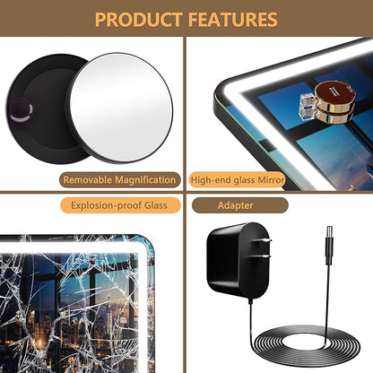 Hasipu Vanity Mirror with Lights, 31.5" x 22" LED Makeup Mirror, Lighted Makeup Mirror with Dimmable 3 Modes, Touch Screen Control Vanity Mirror Round Black