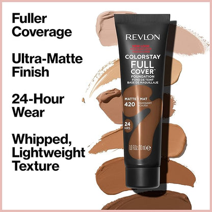 Revlon ColorStay Full Cover Longwear Matte Foundation, Heat & Sweat Resistant Lightweight Face Makeup, Caramel (425), 1.0 oz