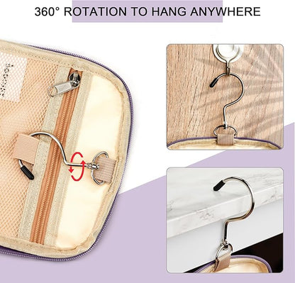 Hanging Travel Toiletry Bag for Women and Men, 6 Organizer Compartments, Large Toiletries essentials, Bathroom Cosmetic Accessories, Water-resistant Makeup Bag, Holds Full-Size Shampoo, Purple