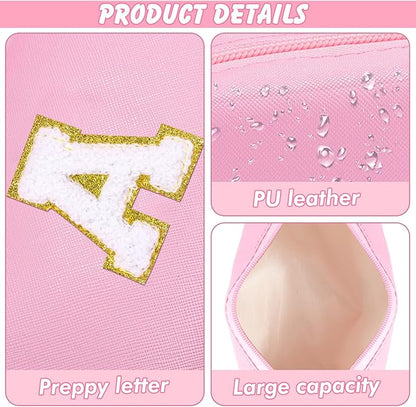 Initial Makeup Bag Personalized Preppy Cosmetic Bag Travel Toiletry Bag Waterproof PU Small Makeup Pouch Bag for Purse Birthday Gift Cute Stuff for Teen Girls Women (Pink A)
