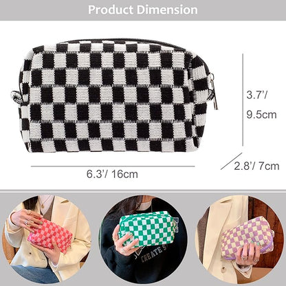 PAZIMIIK Checkered Makeup Bag for Purse Portable Zipper Make Up Pouch Small Cosmetic Case for Travel Accessories (Black)