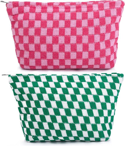 SOIDRAM 2 Pieces Makeup Bag Large Checkered Cosmetic Bag Capacity Canvas Travel Toiletry Bag Organizer Cute Makeup Brushes Aesthetic Accessories Storage Bag for Women, Checkered L Green Rose red
