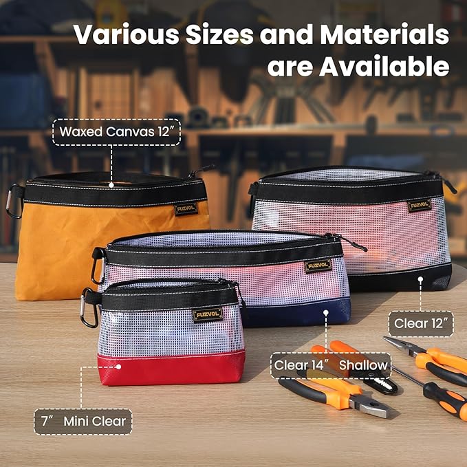 Clear Tool Pouch, 14" Long Tool Bag, Small Zipper Pouch, See Through Tool Pouch Bag for Tool Box Organizers and Storage, Heavy Duty Tool Bag for Men and Women, 3 Pack