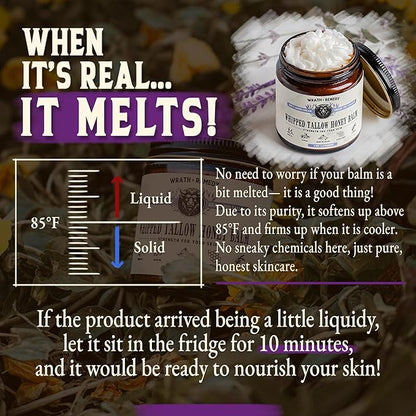 Organic Beef Tallow for Skin - 4 OZ (Lavender) — Grass Fed Beef Tallow for face + Body — US-Made Whipped Tallow and Honey Balm Moisturizer for Dry and Sensitive Skin, Eczema, Rosacea (No Additives)