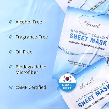 Ebanel 10 Pack Collagen Face Mask with Hyaluronic Acid, Vitamin C, Peptide, Aloe, Instant Brightening Hydrating Face Masks Skincare Korean Sheet Mask, Skin Firming, Lifting Anti Aging Facial Masks