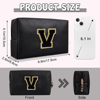 Personalized Initial Preppy Patch Makeup Bag, Travel Toiletry Zipper Pouch Cute Black Cosmetic Organizer Small Makeup Bag for Purse, PU Chenille Letter Make Up Bags Storage Gifts for Women(Letter V)