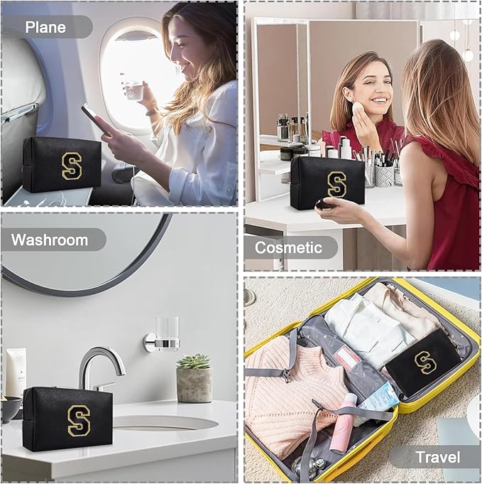 Small Travel Initial Preppy Makeup Bag, Cute Black Cosmetic Organizer Toiletry Zipper Pouch Make Up Bag for Purse, Waterproof Chenille Letter Make Up Storage Personalized Gift for Sister Mom(Letter S)