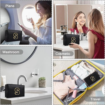 Small Travel Initial Preppy Makeup Bag, Cute Black Cosmetic Organizer Toiletry Zipper Pouch Make Up Bag for Purse, Waterproof Chenille Letter Make Up Storage Personalized Gift for Sister Mom(Letter S)