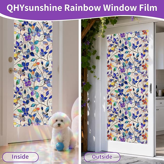 Stained Glass Window Privacy FilmDecorative Rainbow Static Clings -ldeal for Home &Office,Adhesive-Free,Removable, Uv-Blocking (Purple Rainbow, 17.5 X 157.4 in)
