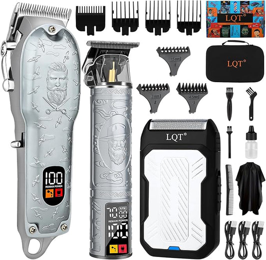 Professional Silver Hair Clippers for Men Cordless Barber Kit with Trimmer, Stainless Steel Blades, Adjustable Lever, LED Display, Type-C Charging Grooming Set Gifts,Ideal for Home Baber & Travel