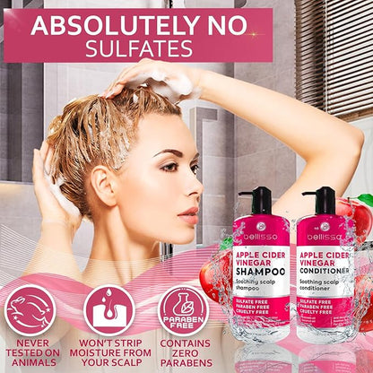 Apple Cider Vinegar Shampoo and Conditioner Set - Stop Flaky and Itchy Scalp – Sulfate Paraben Free Anti Dandruff Soothing Treatment for Dry, Oily and Damaged Hair - Intense Care for Women and Men