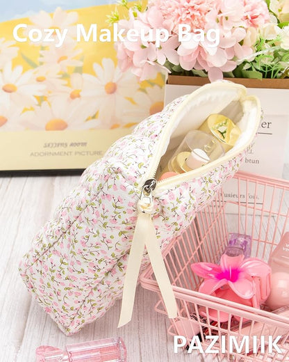 Quilted Makeup Bag Large Travel Zipper Soft Cosmetic Pouch for Women Girls Make Up,Floral Pink