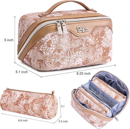 BOYATU Travel Makeup Bag for Women: Large Capacity Make up Bag with Compartments - Vegan Leather Cosmetic Bag set of 3 - Waterproof Toiletry Bag with Handle & Divider(E-5-Orange)