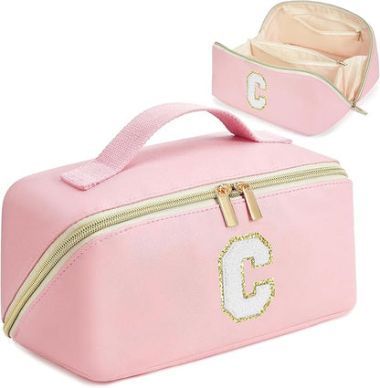 for Christmas Day Gifts, Makeup Bag for Women, PU Leather Travel Toiletry Bags, Initial Make Up Cosmetic Pouch for Teen Girls, Wide Open Portable Skincare Bag, Personalized Birthday Gifts, Pink C