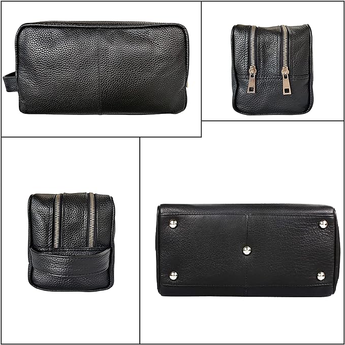 RUSTIC TOWN Full Grain Leather Travel Toiletry Bag - Cosmetic Makeup Kit Organizer (Medium, Black)