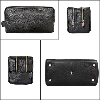 RUSTIC TOWN Full Grain Leather Travel Toiletry Bag - Cosmetic Makeup Kit Organizer (Medium, Black)