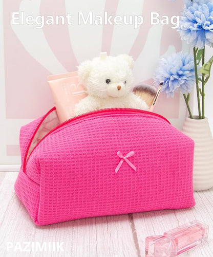 PAZIMIIK 2PCS Cozy Makeup Bag Travel Cosmetic Bag for Women Soft Toiletry Bag Aesthetic Makeup Organizer Portable Large Zipper Pouch for Skincare Beauty Accessories Brushes Waffle Hotpink