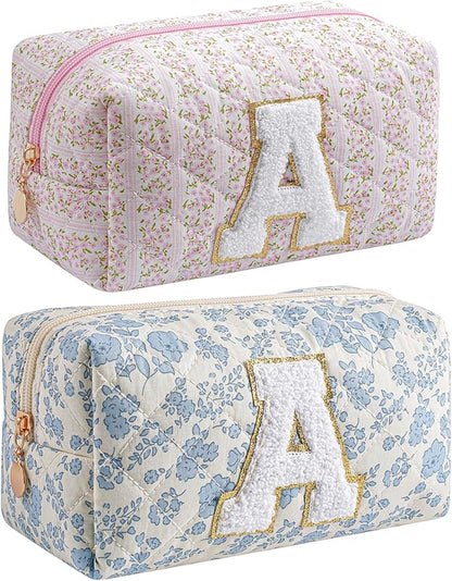 JOVAKIT Makeup Bag Cosmetic Bags for Women, Christmas Gifts for Girls Age 6-18, Alphabet Pink Floral Coquette Zipper Travel Makeup Pouch, Organizer Case Trendy Stuff (Pink+ Blue A)