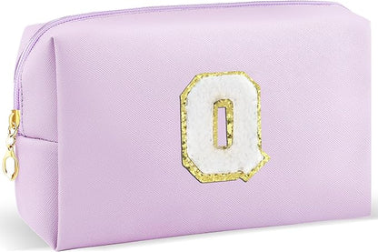 Gifts for Girls Initial Makeup Bag Personalized Cosmetic Bag with Zipper Cute Travel Toiletry Bag Waterproof PU Preppy Makeup Pouch Birthday Gift for Teen Girls Women(Purple Q)