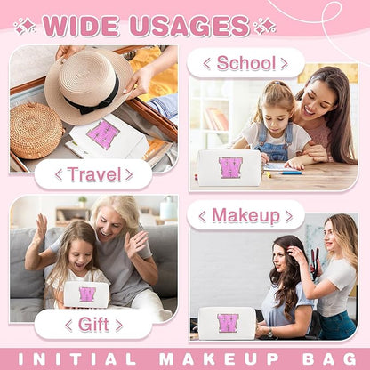 Small Initial Patch Makeup Bag Personalized Gifts Make Up Bag,White Cute PU Leather Glitter Letter Cosmetic Bag with Zipper,Trendy Portable Travel Toiletry Pouch,Preppy Stuff for Teen Girls Women W