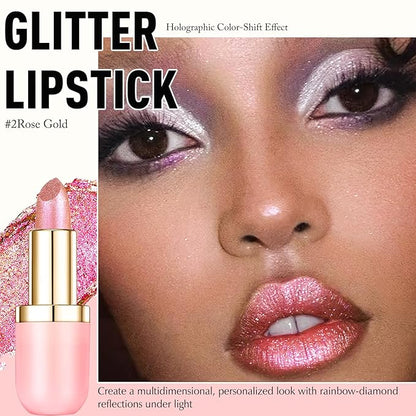 Glitter Lipstick Makeup, Rose Gold Holographic Metallic Lip Stick Long Lasting Lightweight Non-Sticky Hydrating Lip Tinted Full Coverage Sparkling Chameleon Lipstick for Women