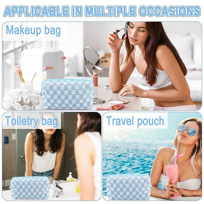 ZLFSRQ 6Pcs Checkered Pencil Case Cute Pencil Pouch for Teens Checkered Makeup Bag Blue Medium Travel Cosmetic Bag Makeup Pouch for Purse Aesthetic Trendy Zipper Toiletry Bags Organizer