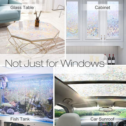 rabbitgoo Window Privacy Film Rainbow Film Decorative Window Sticker, 3D Static Stained Glass Cling Tint for Home Heat Control Non-Adhesive, 17.5 x 157.5 inches