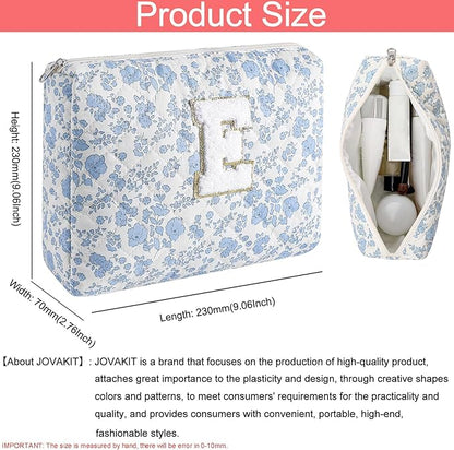 JOVAKIT Alphabet Makeup Bag Cosmetic Bag for Women, Christmas Gifts for Girls Age 6-18, Floral Flowers Coquette Travel Toiletry Zipper Make Up Pouch Organizer Trendy Stuff (2Pcs Blue Floral E)
