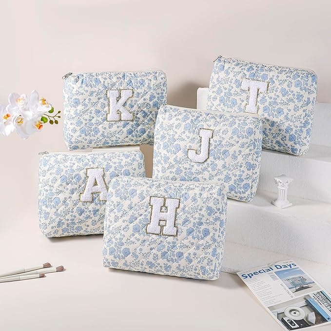 Alphabet Makeup Bag Cosmetic Bag for Women, Christmas Gifts for Age 11-18, Personalized Floral Coquette Travel Bag, Trendy Stuff Zipper Make Up Pouch Organizer Bag (Blue Floral K)