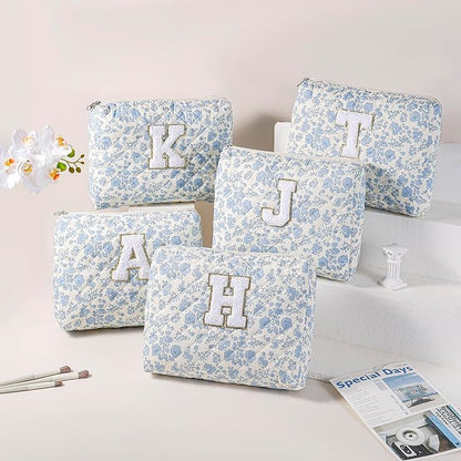 Alphabet Makeup Bag Cosmetic Bag for Women, Christmas Gifts for Age 11-18, Personalized Floral Coquette Travel Bag, Trendy Stuff Zipper Make Up Pouch Organizer Bag (Blue Floral K)