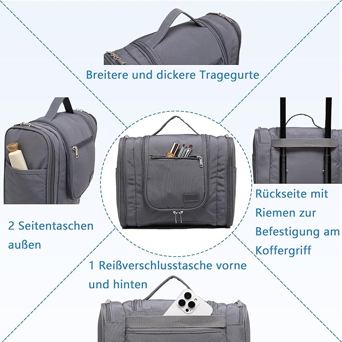 Hanging Toiletry Bag for Men, Travel Makeup with Metal Swivel Hook, Organizer for Full Sized Cosmetics and Toiletries, Water-Resistant Nylon, Grey