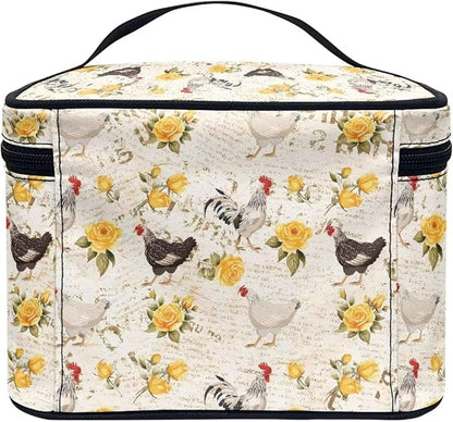 Chicken Yellow Rose Pattern Travel Makeup Bag for Women Large Capacity Cosmetic Bags with Zipper and Handle Make Up Tote Bags Organizer Portable Toiletry Bags