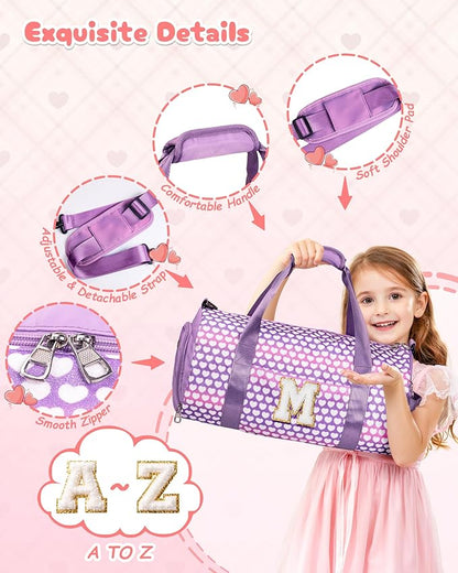 Gifts for 5 Year Old Girl, Girls Travel Duffel Bag, Kids Initial Overnight Bags with Shoe Compartment, Personalized Gym Ballet Dance Bag with Makeup Pouch, Gift for Teenager (Letter D)