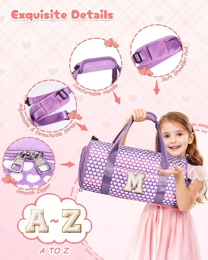 8 Year Old Girl Birthday Gift, Girls Travel Duffel Bag, Kids Initial Overnight Bags with Shoe Compartment, Personalized Gym Ballet Dance Bag with Makeup Pouch, Christmas Gifts (Letter H)