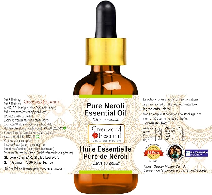 Greenwood Essential Pure Neroli Essential Oil (Citrus aurantium) with Glass Dropper Steam Distilled 5ml (0.16 oz)
