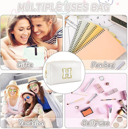 Gifts for Girls Initial Makeup Bag Personalized Cosmetic Bag with Zipper Cute Travel Toiletry Bags Waterproof PU Preppy Makeup Pouch Birthday Gift for Teen Girls Women(White H)
